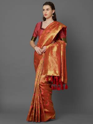 Mustard woven cotton silk saree with blouse 3