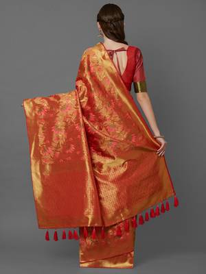 Mustard woven cotton silk saree with blouse 4
