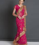 Pink woven cotton silk saree with blouse