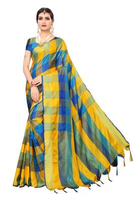 Blue Yellow Checks Cotton Silk Saree With Blouse 1