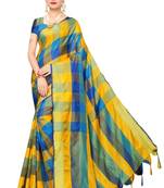 Blue Yellow Checks Cotton Silk Saree With Blouse