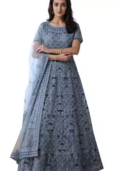 Grey Thread Embroidery Net Salwar