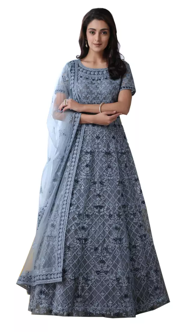 Grey Thread Embroidery Net Salwar
