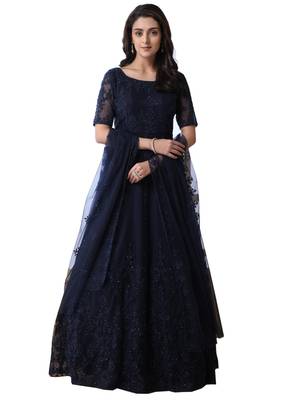 Navy Blue Thread Embroidery Net Salwar 1