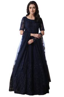 Navy Blue Thread Embroidery Net Salwar