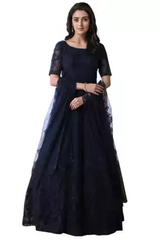Navy Blue Thread Embroidery Net Salwar