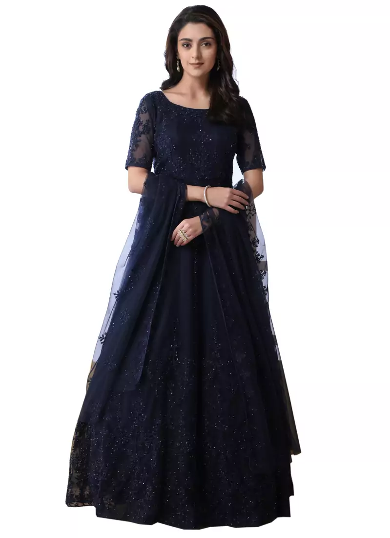 Navy Blue Thread Embroidery Net Salwar