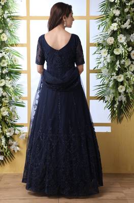 Navy Blue Thread Embroidery Net Salwar 2