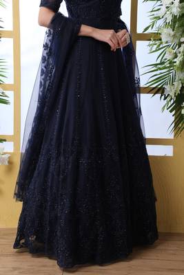 Navy Blue Thread Embroidery Net Salwar 4