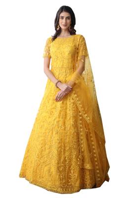 Yellow Thread Embroidery Net Salwar 1