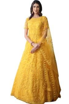 Yellow Thread Embroidery Net Salwar