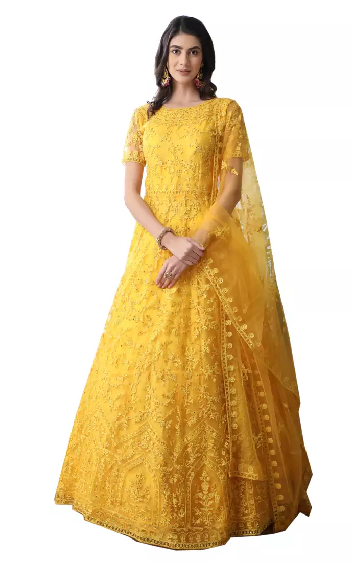 Yellow Thread Embroidery Net Salwar