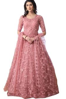 Peach Thread Embroidery Net Salwar