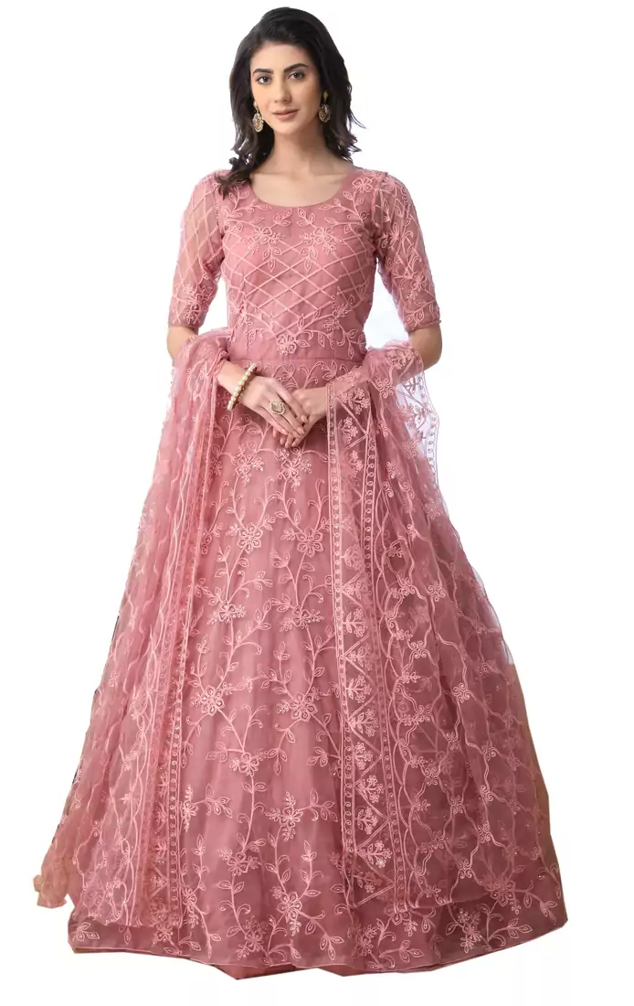 Peach Thread Embroidery Net Salwar