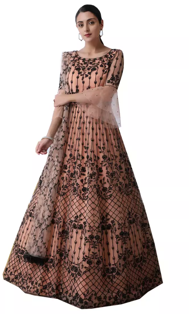 Peach Thread Embroidery Net Salwar