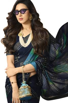 Blue printed silk saree with blouse 2