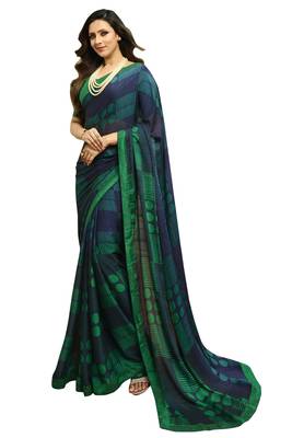 Blue printed silk saree with blouse 1