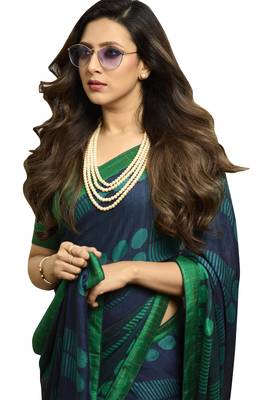 Blue printed silk saree with blouse 2