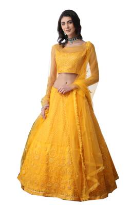Mustard Embroidered Net Semi Stitched Lehenga 4
