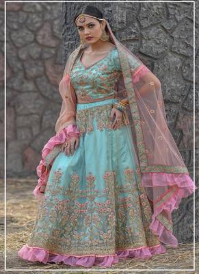 Sky-blue embroidered net semi stitched lehenga 1