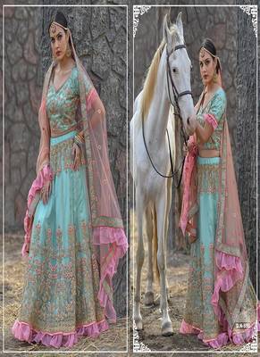 Sky-blue embroidered net semi stitched lehenga 2