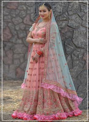 Pink embroidered net semi stitched lehenga 1