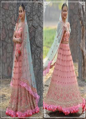 Pink embroidered net semi stitched lehenga 2