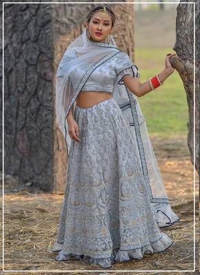 Grey embroidered net semi stitched lehenga 1