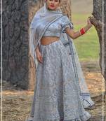 Grey embroidered net semi stitched lehenga