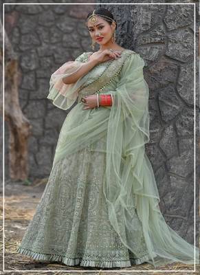 Green embroidered net semi stitched lehenga 1
