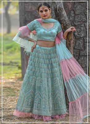 Sky-blue embroidered net semi stitched lehenga 1