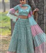 Sky-blue embroidered net semi stitched lehenga