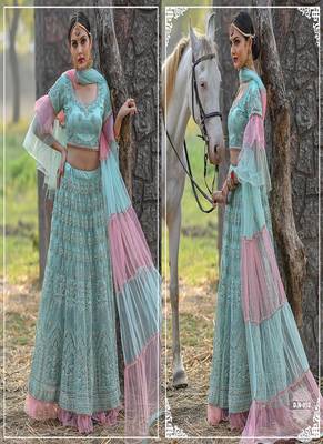 Sky-blue embroidered net semi stitched lehenga 2