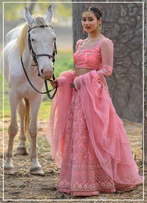 Pink embroidered net semi stitched lehenga 1