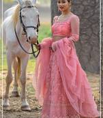 Pink embroidered net semi stitched lehenga