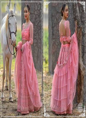 Pink embroidered net semi stitched lehenga 2