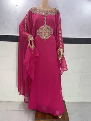 pink georgette moroccan kaftan with zari and stone work  4