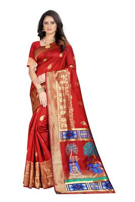 Red Woven Jacquard Saree With Blouse 1