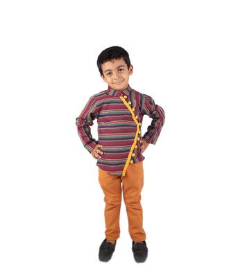 Maroon Multicolored printed Stripes cotton boys-shirt 1