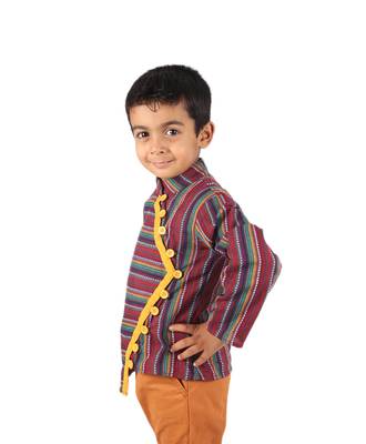 Maroon Multicolored printed Stripes cotton boys-shirt 3