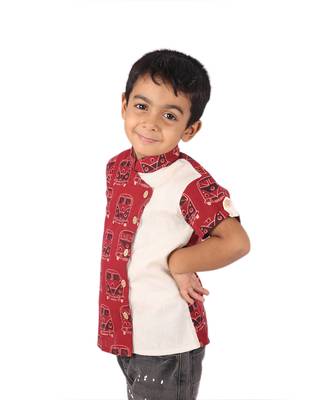 Maroon MiniBus printed cotton boys-shirt 3