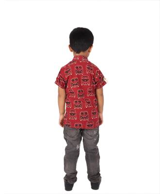 Maroon MiniBus printed cotton boys-shirt 4