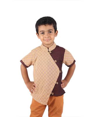 Brown Check printed cotton boys-shirt 1