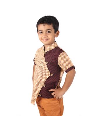 Brown Check printed cotton boys-shirt 3