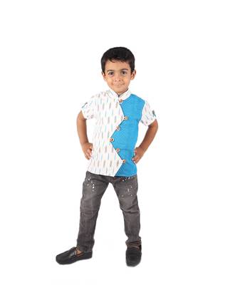 White and Blue printed cotton boys-shirt 1