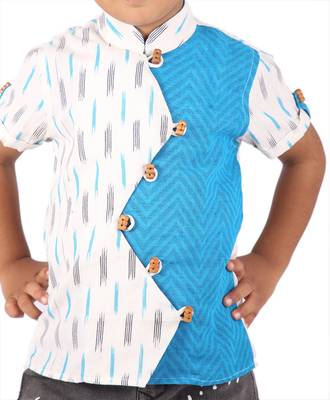 White and Blue printed cotton boys-shirt 2