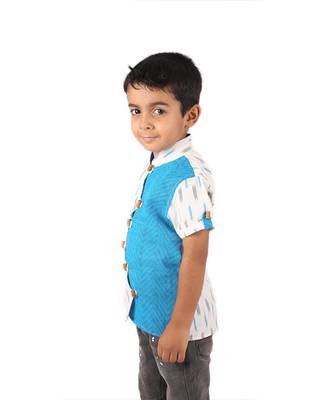 White and Blue printed cotton boys-shirt 3