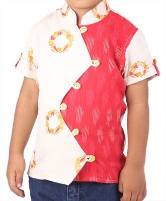 White and Red printed cotton boys-shirt 2
