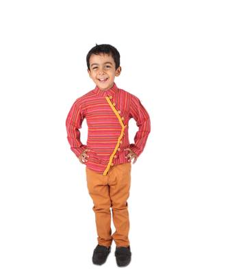 Red Multicolor printed Stripes cotton boys-shirt 1