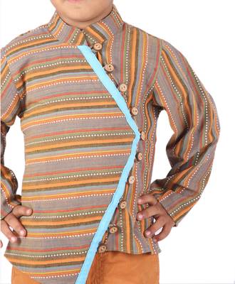 Brown Multicolored printed Stripes cotton boys-shirt 2